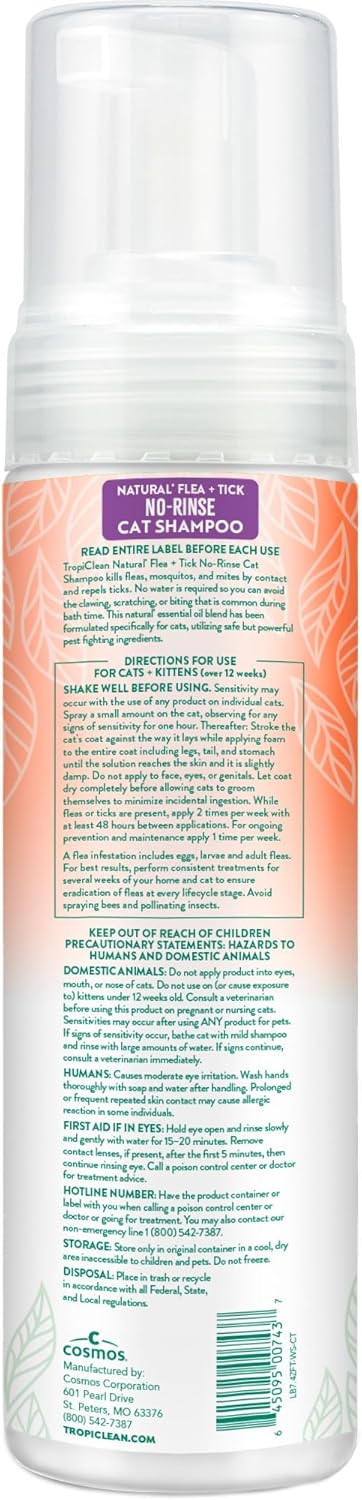 TropiClean Flea and Tick Waterless Shampoo Treatment for Cats, Powerful & Natural Defense, Flea and Tick Prevention for Cats, Made in USA, 7.4oz