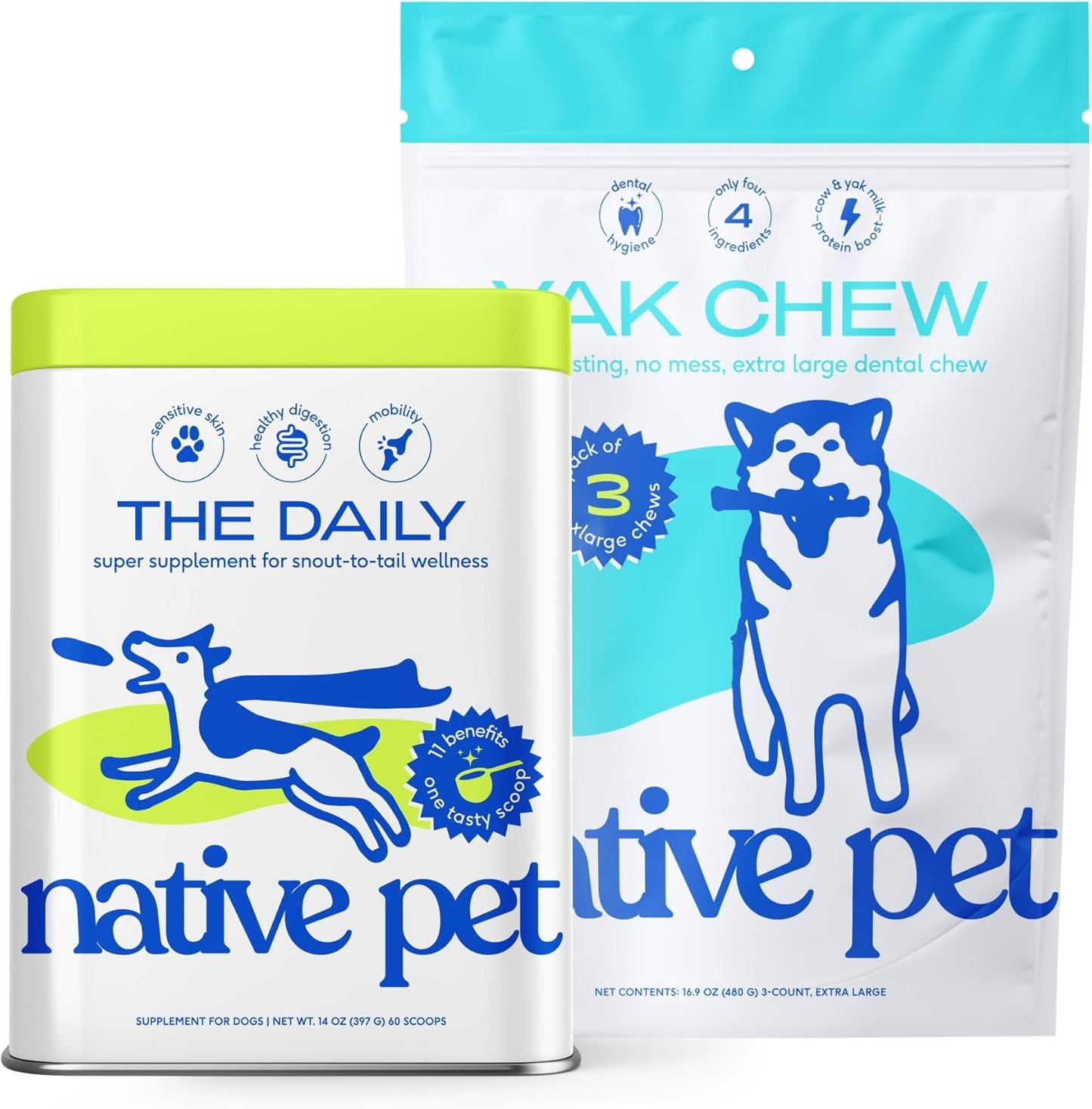 Native Pet Yak Chews (3 Extra Large Chews) & Daily Dog Vitamins & Supplements (14 Oz.) - All Natural Dental Chew Made with Yak Cheese for Aggressive Chewers & 11-in-1 Multivitamin for Dogs