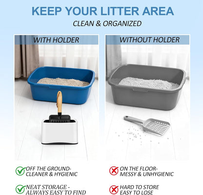 Cat Litter Scoop, Metal Litter Scoop with Holder, Heavy Duty Metal Cat Scooper for Litter Box, Black Sifter Scoop for Pellets, Wooden Handle Scoop with Hole, Kitty Necessity (5.5" Handle with Holder)