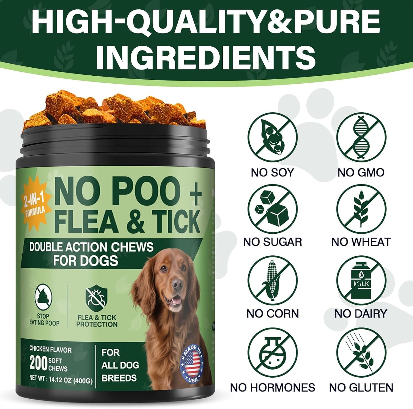 200 Chews No Poo Chew for Dogs-Flea and Tick Prevention Chews-2 in 1 Control Coprophagia & Flea Tick Supplement-Natural Soft Treats Deterrent Eat Poop with Digestive Enzymes Probiotics-Chicken Flavor