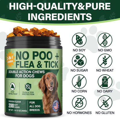 200 Chews No Poo Chew for Dogs-Flea and Tick Prevention Chews-2 in 1 Control Coprophagia & Flea Tick Supplement-Natural Soft Treats Deterrent Eat Poop with Digestive Enzymes Probiotics-Chicken Flavor