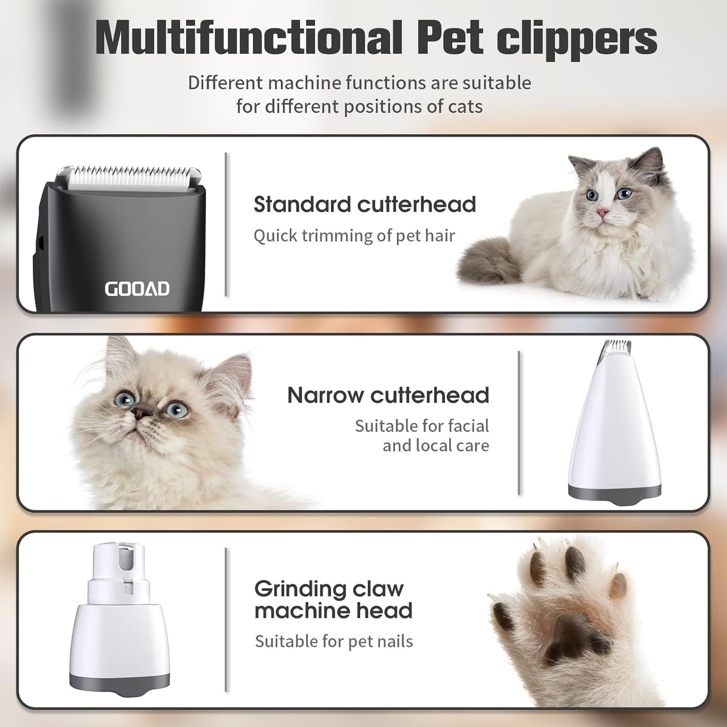 Goood Cat Clippers for Matted & Long Hair - Cordless Cat Grooming Kit with Paw Trimmer & Nail Grinder - Black