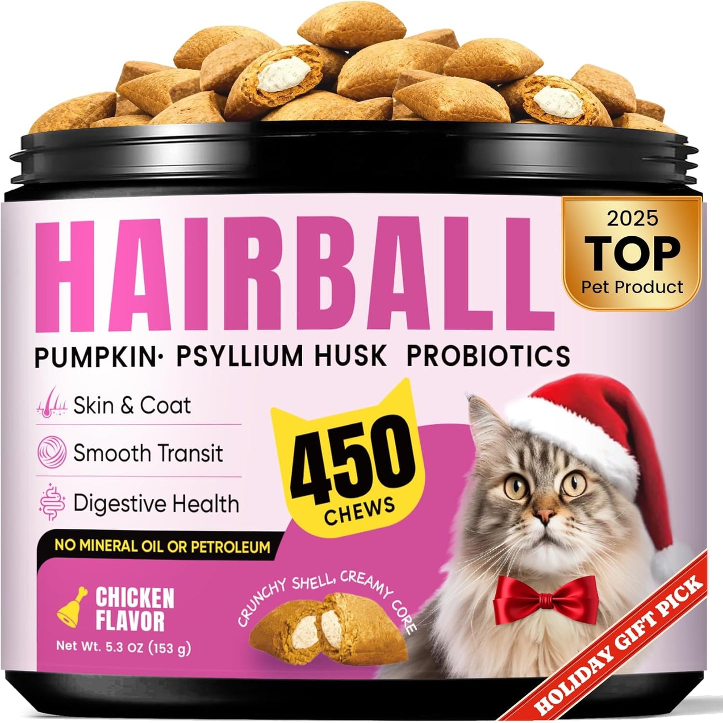 Hairball Treatment for Cats-Natural Coconut & Fish Oils for Smooth Passage & Relief, Cat Hairball Remedy Treats with Fiber & Enzymes to Reduce Buildup, Support Gut, Skin & Coat Health - Chicken Flavor