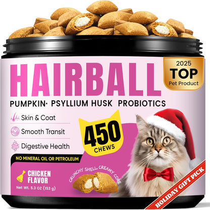 Hairball Treatment for Cats-Natural Coconut & Fish Oils for Smooth Passage & Relief, Cat Hairball Remedy Treats with Fiber & Enzymes to Reduce Buildup, Support Gut, Skin & Coat Health - Chicken Flavor