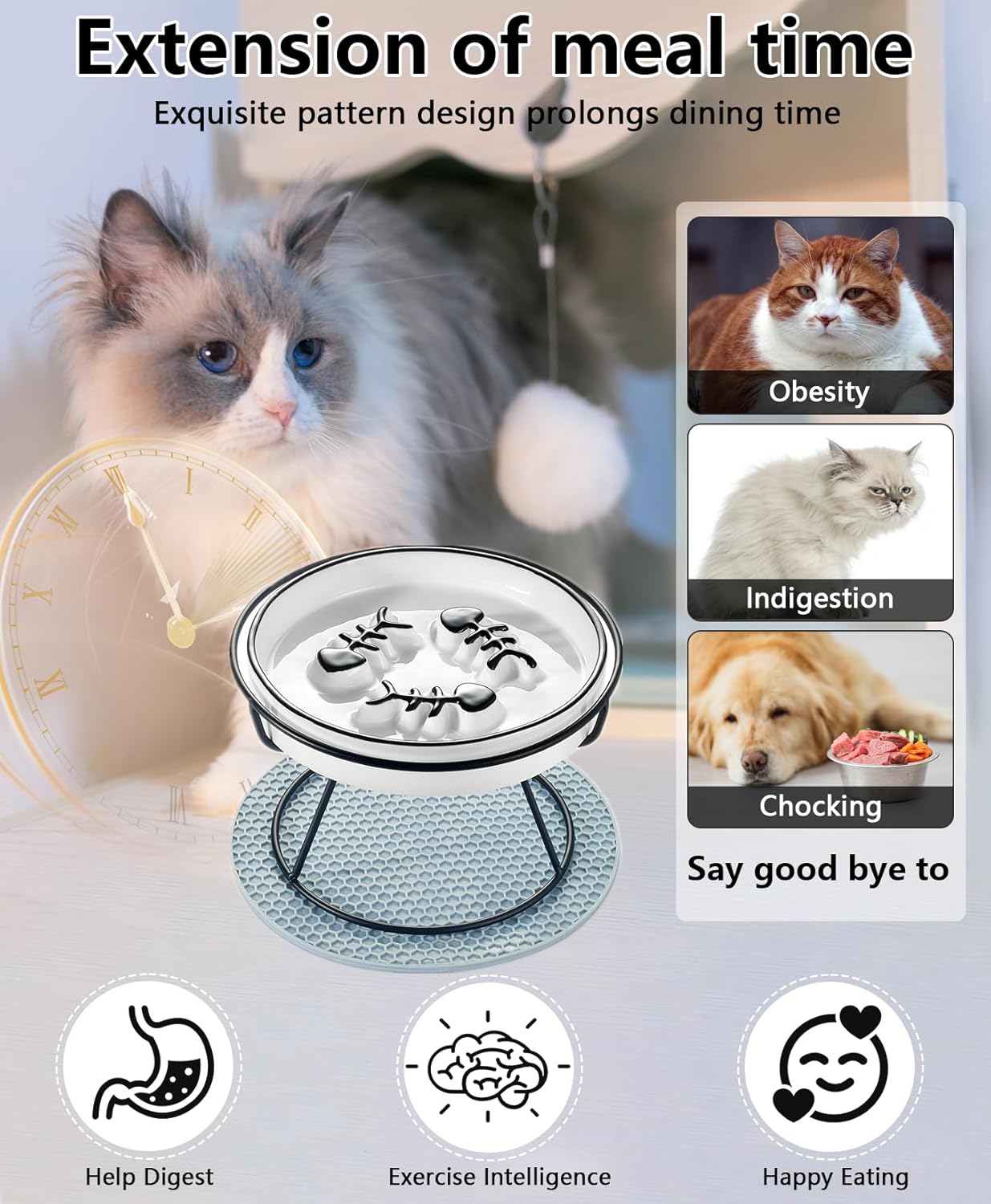 Elevated Cat Slow Feeder Bowls,Whisker Friendly Cat Bowl, Ceramic Raised Slow Feeder, Anti Vomit Promotes Digestion Bowls for Dry and Wet Food