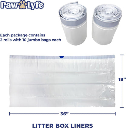 PawLyfe Jumbo Cat Litter Box Liners - 4MIL Extra Thick Heavy Duty Drawstring Kitty Litter Bags - Scratch and Tear-Resistant XL Cat Pan Liners for Easy Litterbox Cleanup - 36" x 18" - Box of 20 Liners