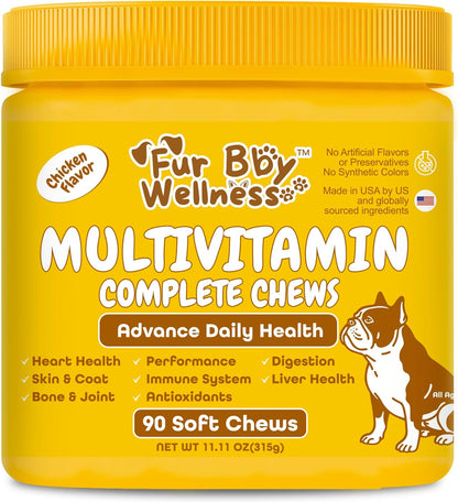 Daily Multivitamin for Dogs – Glucosamine Chondroitin, Probiotics & Omega Fish Oil – Supports Hip & Joint, Skin, Coat, Allergy & Immune Health – Vet Approved Chicken Chews, 90 Count