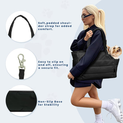 Lightweight Dog Purse Carrier for Small Dogs Under 15 lbs, Puffy Quilted Pet Carrier Tote for Puppies with Safety Leash Clip, Women's Hands-Free Dog Carrier Bag for Travel/Shopping (Black)
