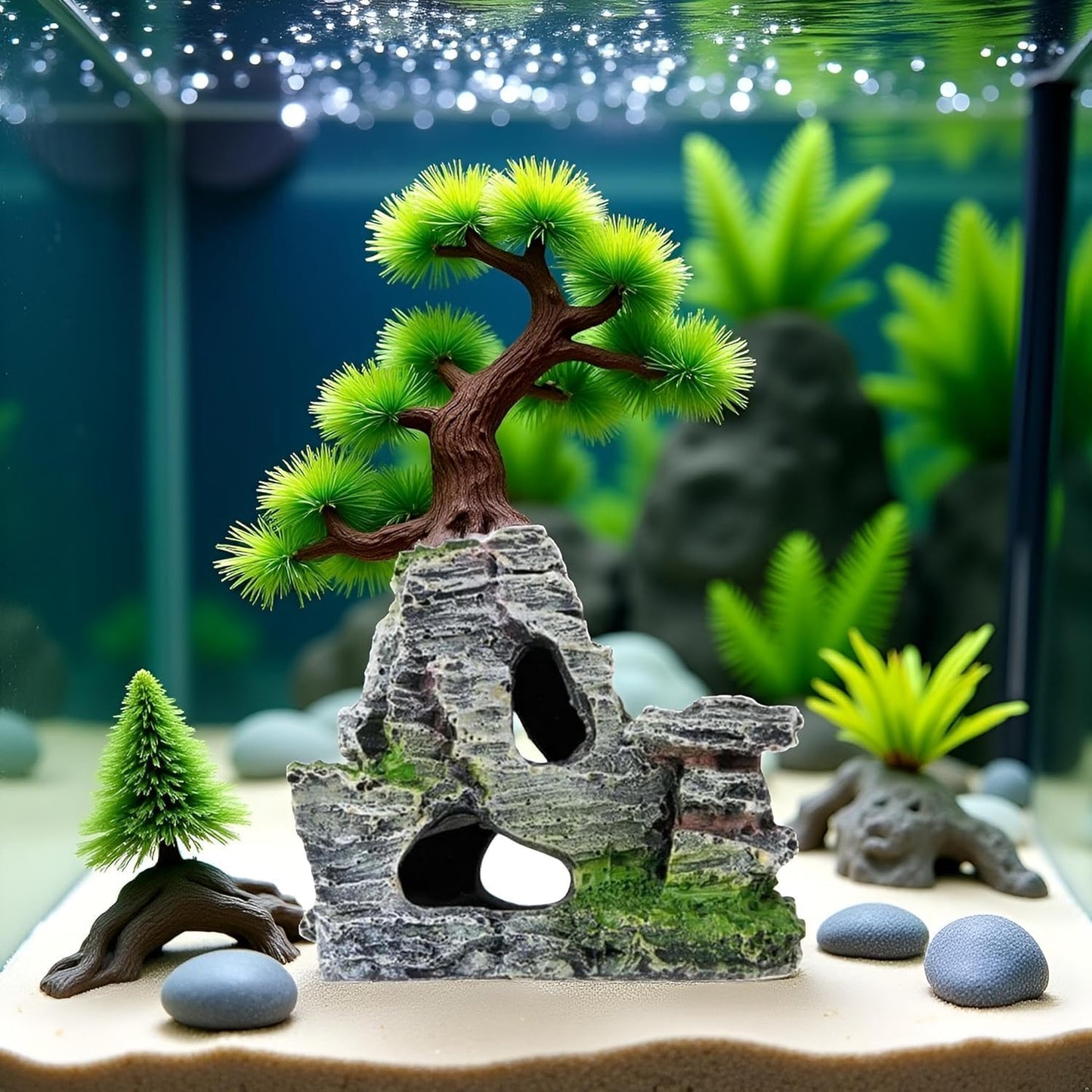 Resin Aquarium Mountain Decor with Moss Rock Cave - Multi-Level Terrain for Fish Tank Landscaping, Natural-Looking Rockery Design with Hidden Cave and Crevices for Shrimp, Reptile Habitat