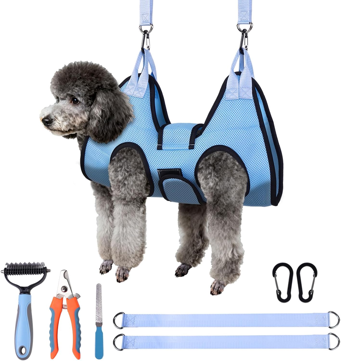 Dog Grooming Hammock, Cat/Small Dog Hammock for Nail Trim, Hanging Harness for Claw Care,Grooming Sling Holder Hanger with Thick Fabric Neck Support Wide Strap Restraint (Blue)