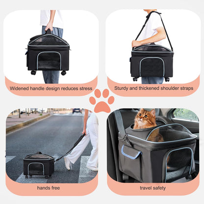 4-in-1 Cat Car Seat and Cat Carrier with Removable Wheels Booster Car Seats for Small Dogs Cats Comes with Shoulder Strap Clip-On Safety Leash and Thickened Pads, Pet Travel Carrier Bed up to 15lbs