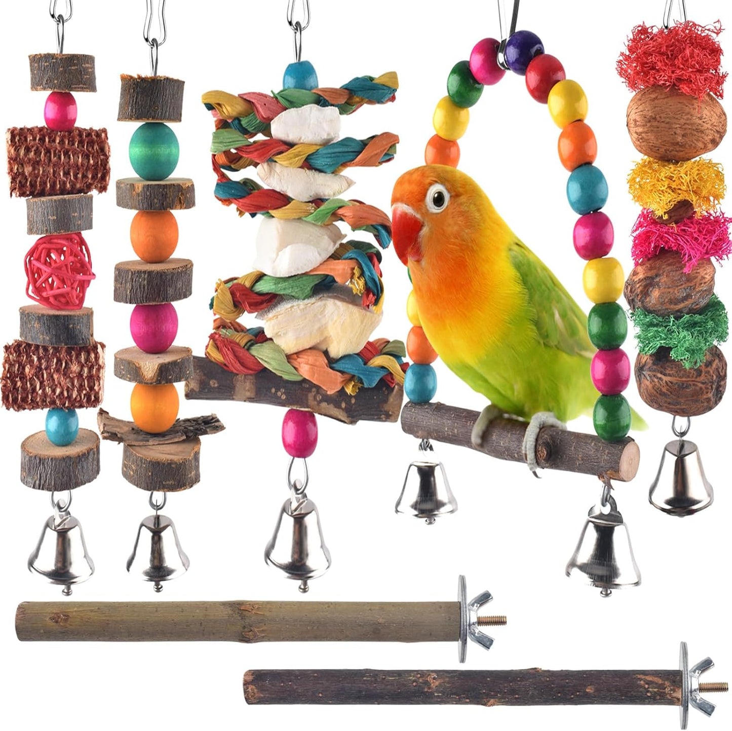 Bissap Bird Chew Toys, 7 Packs Parakeet Natural Wood Toys Parrot Hanging Cage Toy Perch Stand for Small Birds Conure Cockatiel Parrotlet Lovebird Budgie