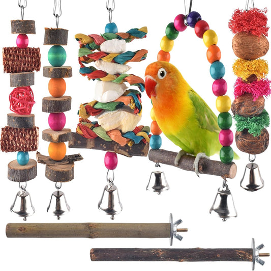 Bissap Bird Chew Toys, 7 Packs Parakeet Natural Wood Toys Parrot Hanging Cage Toy Perch Stand for Small Birds Conure Cockatiel Parrotlet Lovebird Budgie