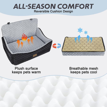 JOEJOY Dog Car Seat for Medium/Large Dogs - Reversible Dual-Sided Travel Dog Car Bed with Memory Foam, Washable Pet Booster Seat for Dogs up to 55 lbs or 2 Small Dogs, 2 Safety Leashes (Black/Grey)