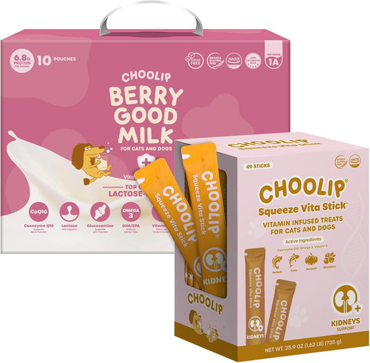 Choolip Bundle | Berry Good Milk 10pk Vitamin-Infused + 49pc Kidney Support Squeeze Vita Sticks with Essential multivitamins [Both Products are for Cats & Dogs of All Life Stages]