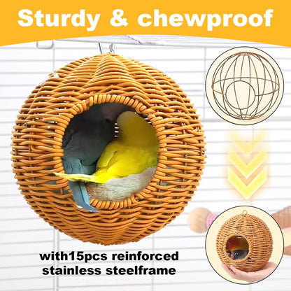 Suspended Bird Nest, Chew-Resistant Steel Frame, Breathable and Washable Small Bird Bed for Cage, Warm Nest for Canary, Lovebird, Budgie, Finch (Brown)