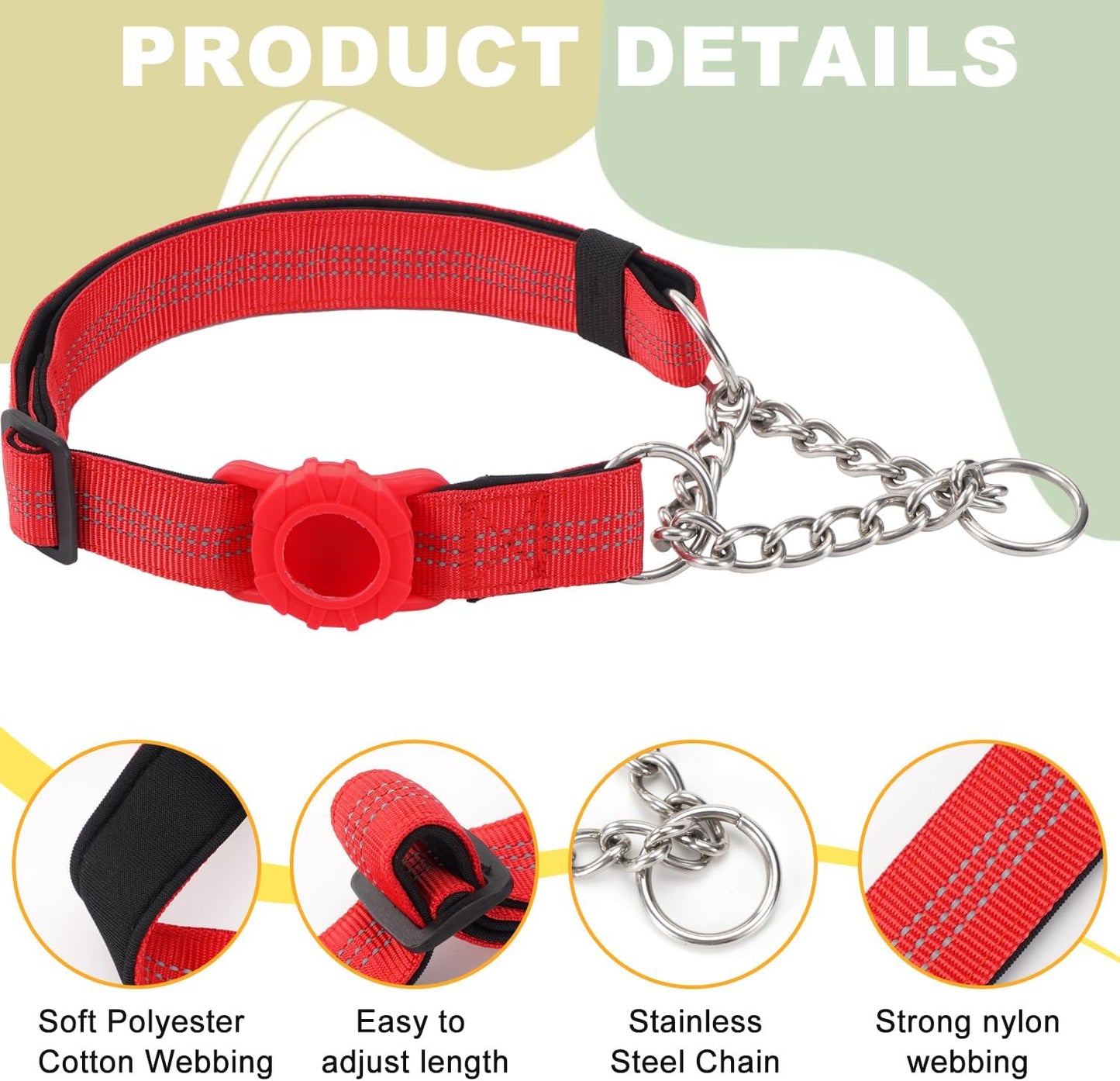 Cymiler Martingale Dog Collar with AirTag Holder, Reflective Nylon Training Collar, Stainless Steel Chain, Heavy Duty Buckle, Limited Slip Collars for Small Medium Large Dogs (Red, Large)