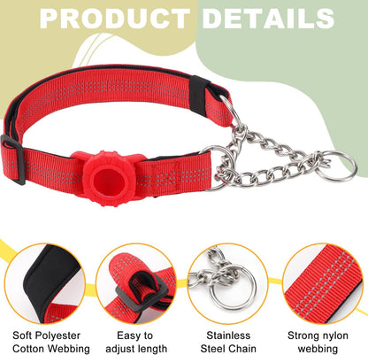 Cymiler Martingale Dog Collar with AirTag Holder, Reflective Nylon Training Collar, Stainless Steel Chain, Heavy Duty Buckle, Limited Slip Collars for Small Medium Large Dogs (Red, Large)