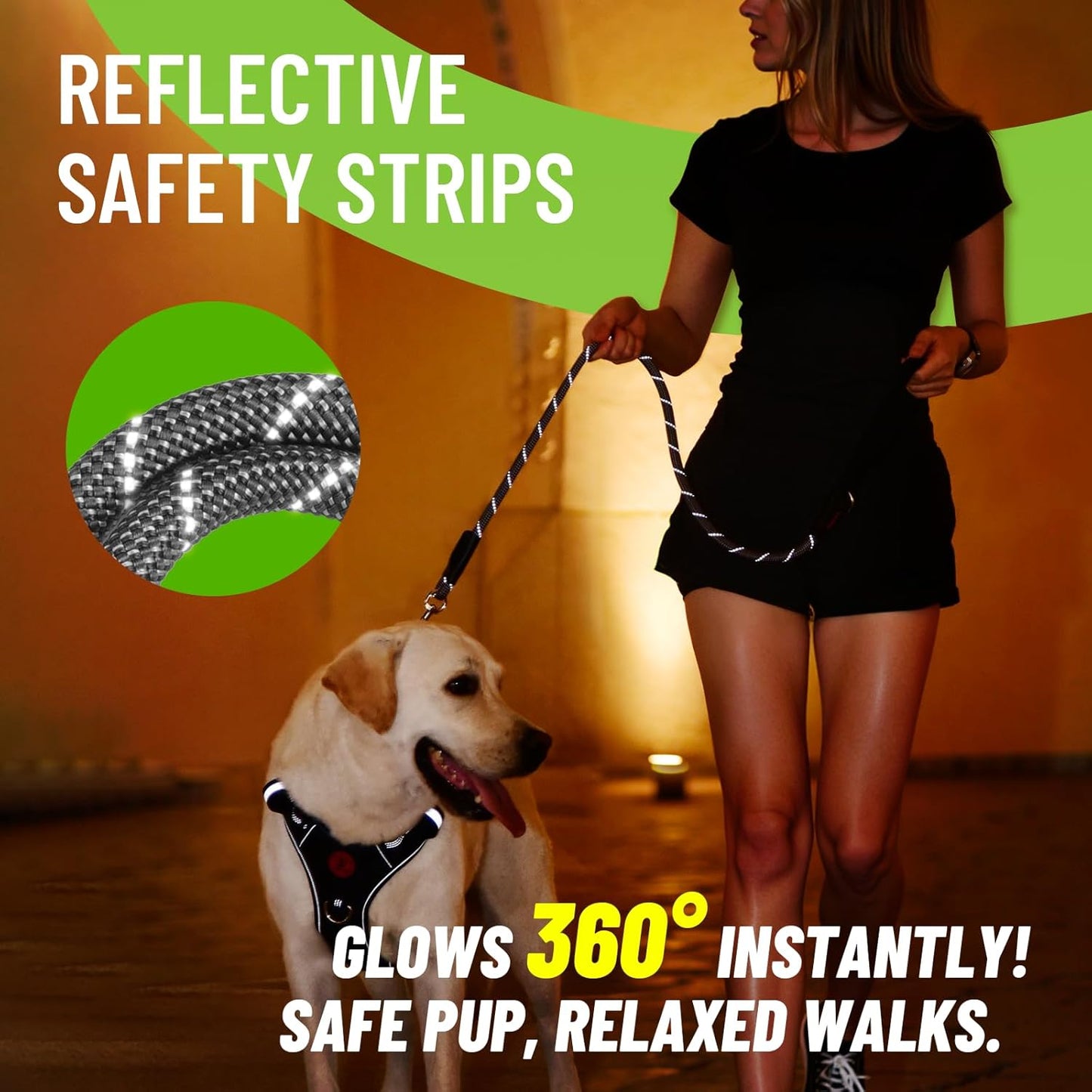 Black Heavy Duty Reflective Nylon Dog Leash with 200kg Pull Control, Padded No-Slip Handle & Zinc Alloy Lock for Medium to Large Dogs & Large Breeds, Ideal for Night Walking & Daily Training