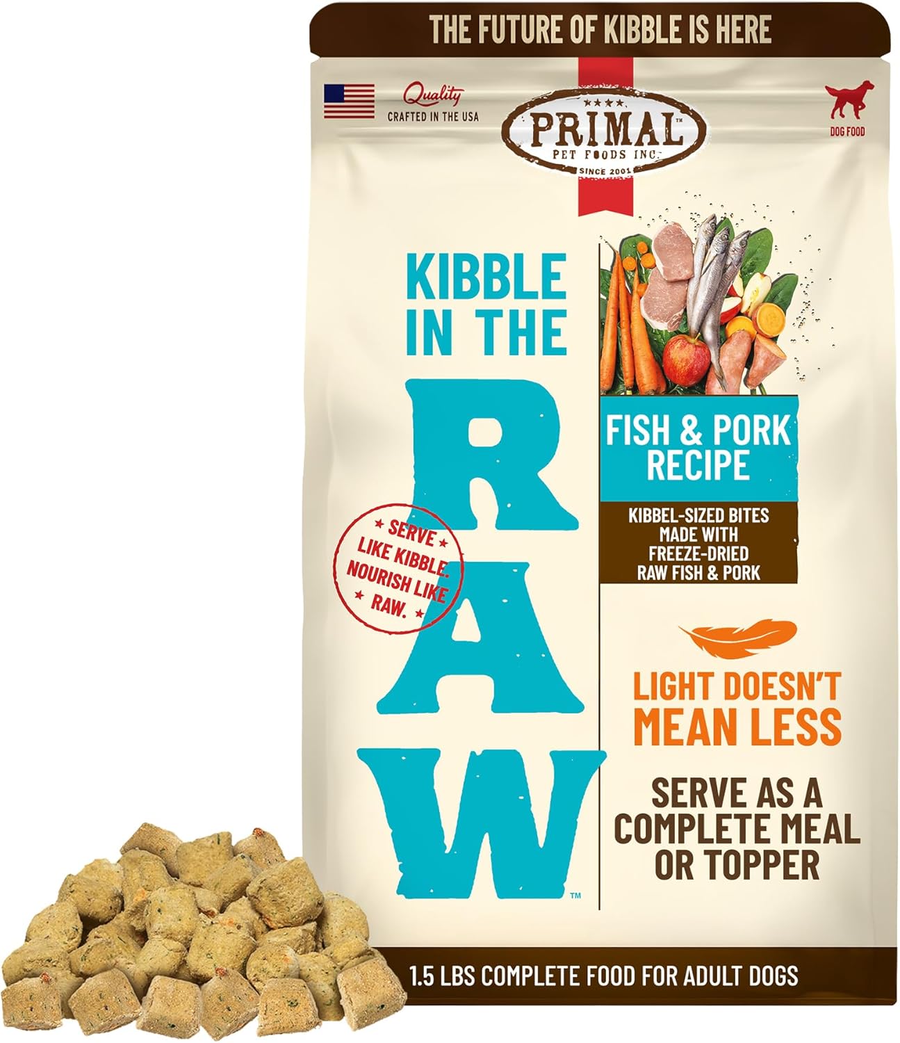Primal Kibble in The Raw, Freeze Dried Dog Food, Fish & Pork, Scoop & Serve, Made with Raw Protein, Whole Ingredient Nutrition, Crafted in The USA, Dry Dog Food 1.5 lb Bag