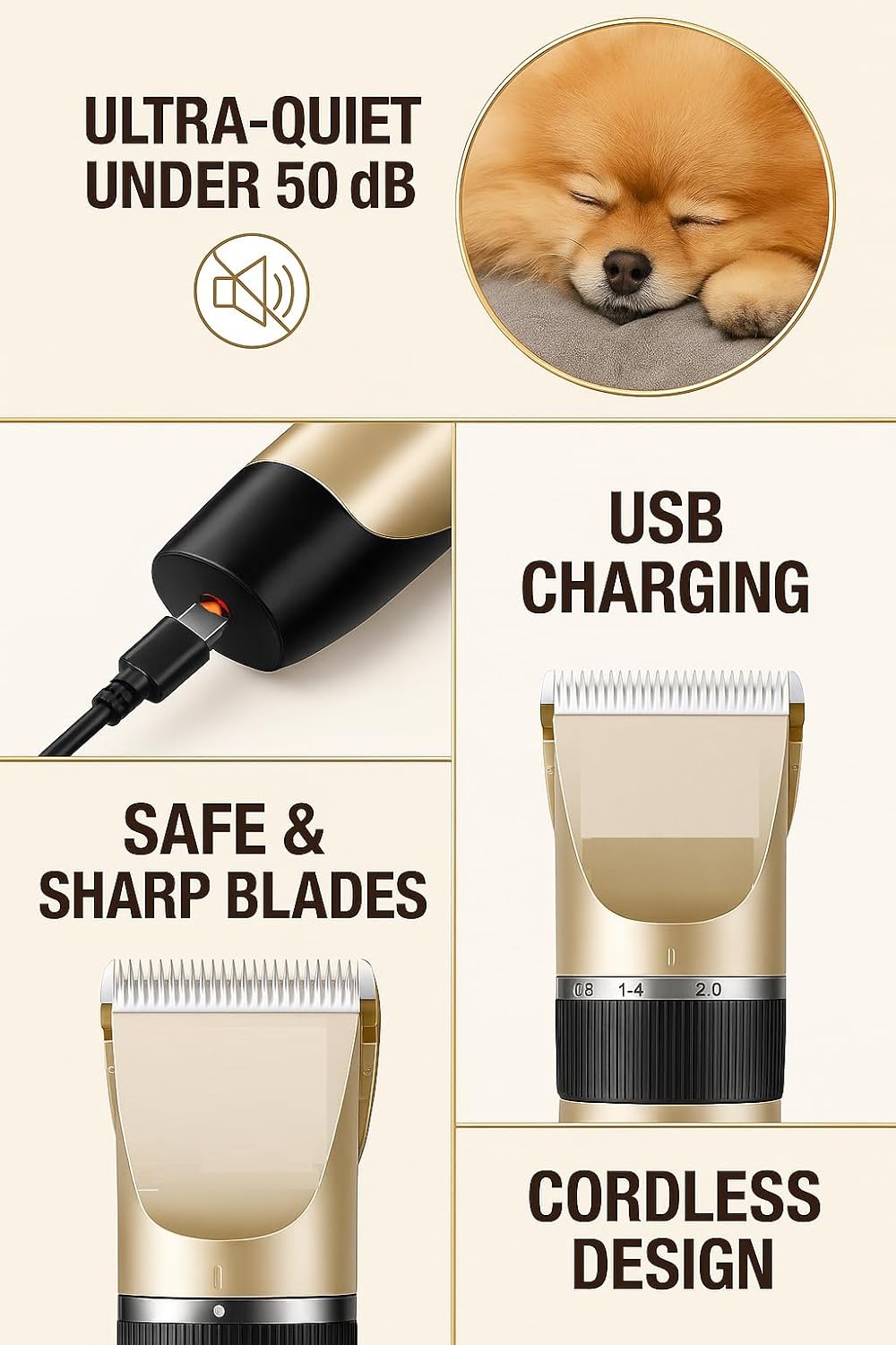 Dog Trimmer Pet Grooming Kit, 14 Piece Low Noise Rechargeable, Dog Shaver Cordless Electric Quiet, Nail Clipper, Filer, Scissors, Paw Trimmer Complete Set for Dog Cats Pets (Gold)