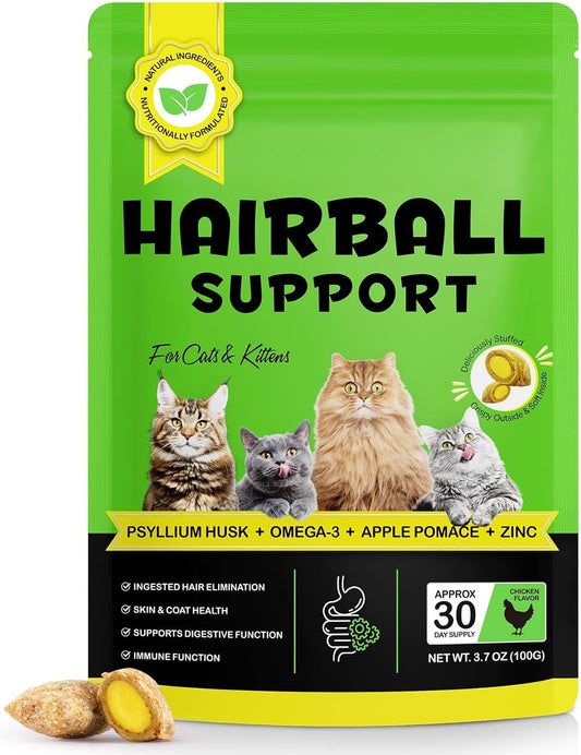 Cat Hairball Support Chews, Crunchy & Soft Chicken Flavor, Hairball Remedy Treat with Psyllium Husk & Omega-3, Supports Healthy Digestion, Skin & Coat, 30-Day Supply