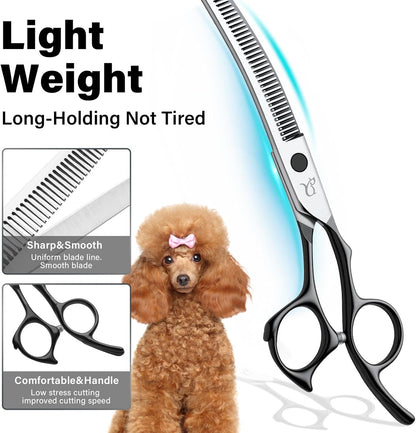 Dog Grooming Scissors,Curved Thinning Scissers and Chunker Shears for Dog Grooming with Safety Round Tips, Sharp and Comfortable 5 in 1 Deg Scissors for Grooming