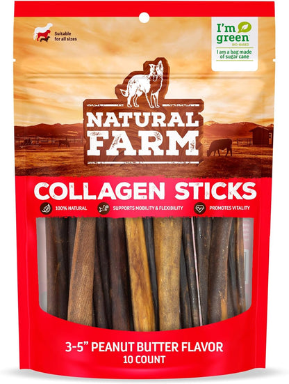 Natural Farm Peanut Butter Flavor Collagen Sticks for Dogs (3-5 Inch, 10 Pack), Long-Lasting Beef Collagen Sticks, Rawhide Alternative Chews with Chondroitin & Glucosamine, Low-Fat Dental Treats