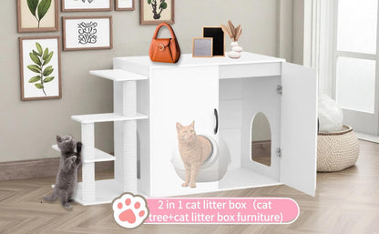 LuckyEnergy 2025 Upgraded 2-in-1 Cat Litter Box Furniture with Cat Tree – Hidden Odor Control Enclosure for 2 Cats, Dual Entry, Ventilation, Modern TV Stand Style