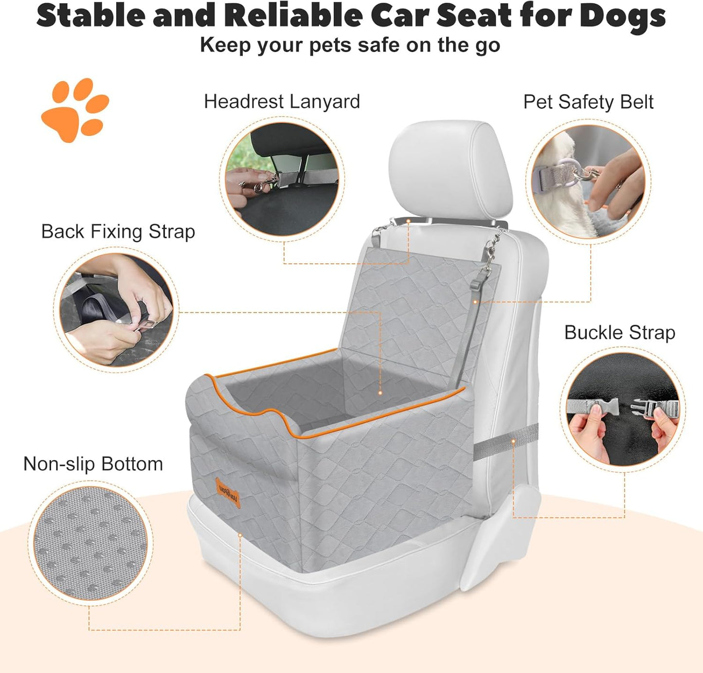 Small Dog Car Seat, Waterproof Dog Booster Seat with Thick Cushion & Safety Leash, Removable Car Back Seat Bed for 1 Small Dogs Under 25lbs, Pet Car Seat for Travel, Gray