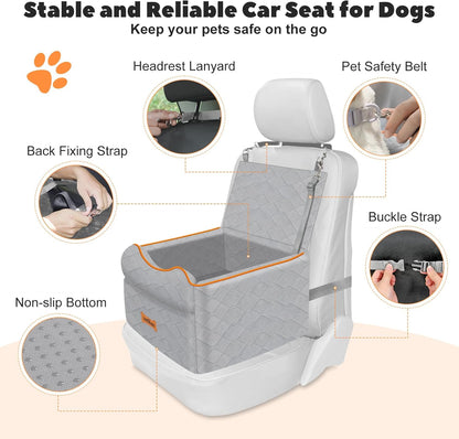Small Dog Car Seat, Waterproof Dog Booster Seat with Thick Cushion & Safety Leash, Removable Car Back Seat Bed for 1 Small Dogs Under 25lbs, Pet Car Seat for Travel, Gray