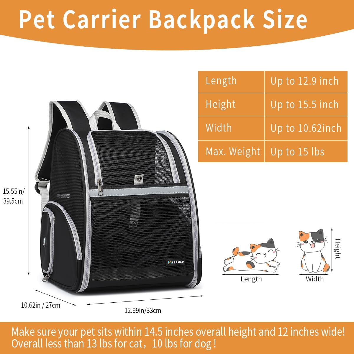 Cat Backpack Carrier for Small Dogs and Medium cat Puppy Kitten Bunny Pet Carrier Backpack Collapsible with Fully Ventilated Mesh with Safety Leash (Black, 12.9" L x 10.62" W x 15.5" H - M)