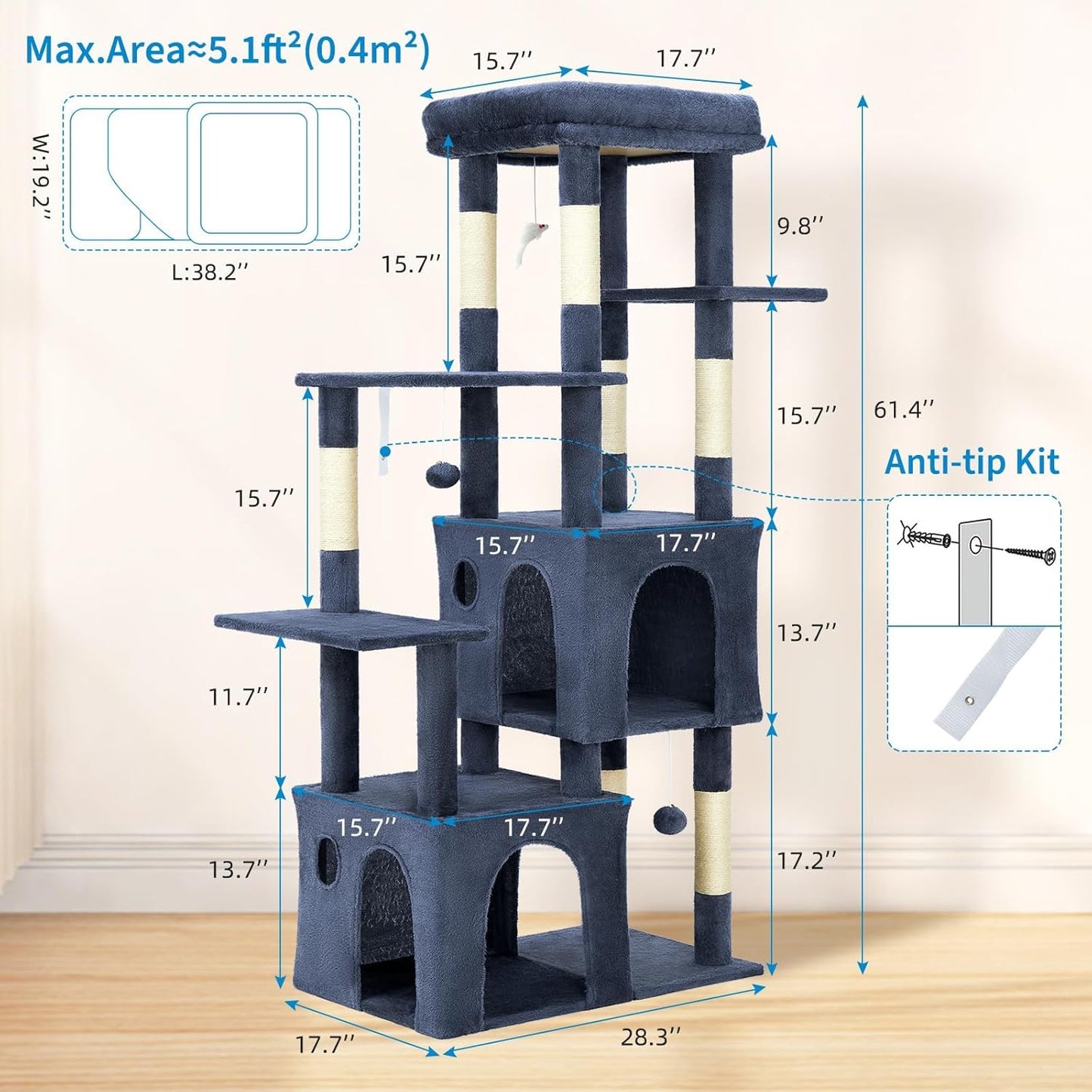 GarveeLife 61" Multi-Level Cat Tree for Indoor Cats, Heavy-Duty Tower for Large Adult & Maine Coon Cats with Oversized Perch, Dual Condos, Natural Sisal Scratching Posts & Play Toys – Blue