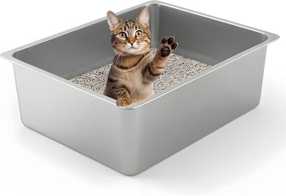 Kirecoo Stainless Steel Cat Litter Box - Metal High Sided Cat Pan, Large Stainless Steel Box, Indoor Litter Tray, Non Stick, No Smell, Easy to Clean, Pet Toilet Supplies for Kitten, Kitty, Rabbit