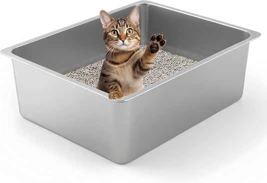 Kirecoo Stainless Steel Cat Litter Box - Metal High Sided Cat Pan, Large Stainless Steel Box, Indoor Litter Tray, Non Stick, No Smell, Easy to Clean, Pet Toilet Supplies for Kitten, Kitty, Rabbit