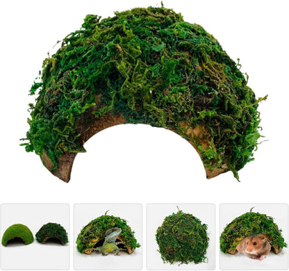 BESTonZON Hamster Shelter and Reptile Hideout Mossy Cave Terrarium Ornament with Tortoise Basking Platform for Turtle and Lizard Habitat