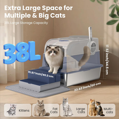 Stainless Steel Litter Box with Lid, XXL Top Entry Extra Large Litter Box Enclosure for Kitty & Big Cats, Non-Stick Metal Cat Pan with Dual Storage Footboard, Trapping Mat & Scoop Included
