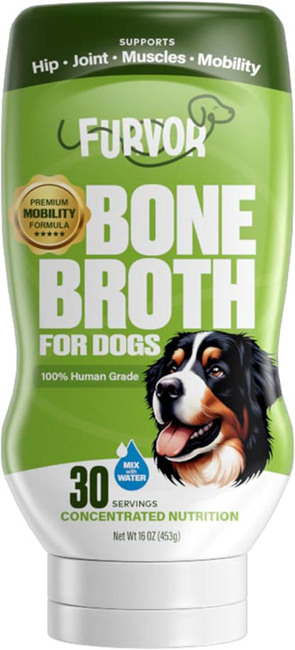 Furvor Beef Mobility Support Bone Broth Concentrate for Dogs - Collagen Protein Supplement - Boosted w/Amino Acids, Glucosamine, and Chondroitin - Dog Food Topper - Human Grade (16 oz, 30 Servings)