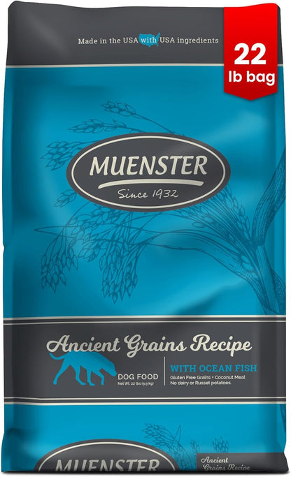 Muenster Adult Dry Dog Food - 22lb Bag Ancient Grain w/Ocean Fish & Freeze-Dried Meatballs Barnyard Chicken Recip