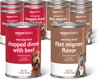 Amazon Basics Chopped Ground Dinner Wet Dog Food Variety Pack, Filet Mignon Flavor and with Beef, Made with Natural Ingredients, 13.2oz Cans (Pack of 12)