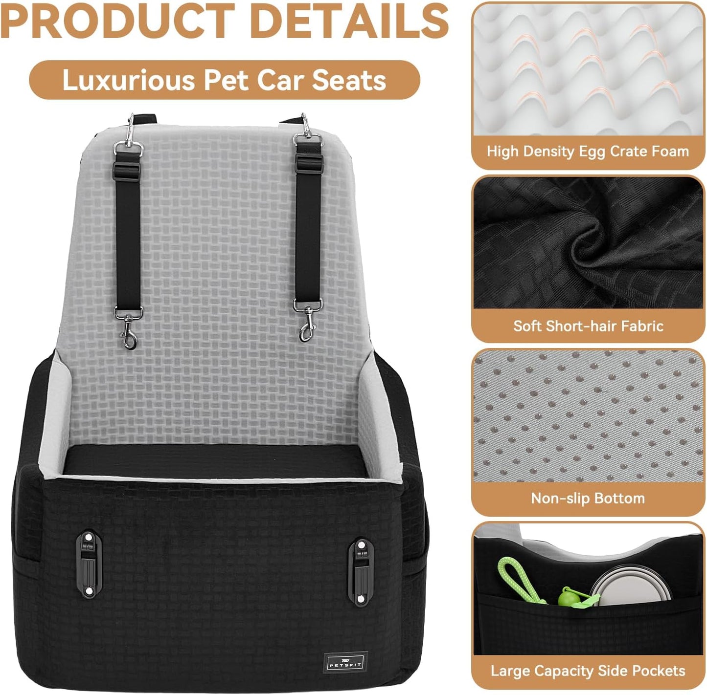 PETSFIT Dog Car Seat for Small/Medium Dogs Up to 35 lbs – Patented Safety System, 6" Memory Foam Pet Booster Car Seat, Fully Detachable and Washable Dog Carseat with 2 Storage Pockets (Black & Grey)
