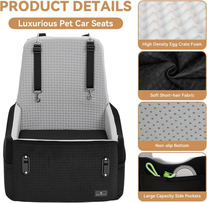 PETSFIT Dog Car Seat for Small/Medium Dogs Up to 35 lbs – Patented Safety System, 6" Memory Foam Pet Booster Car Seat, Fully Detachable and Washable Dog Carseat with 2 Storage Pockets (Black & Grey)