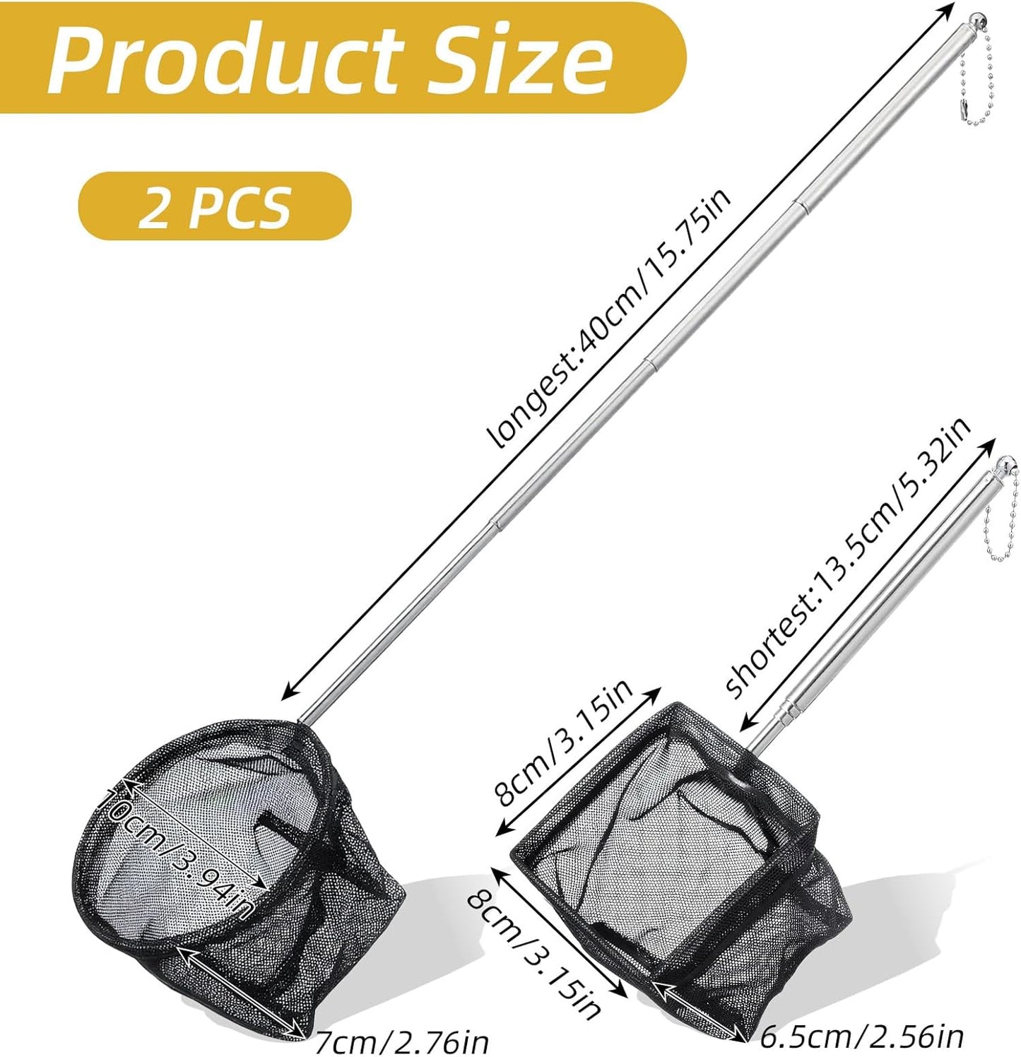 2 Pcs Small Fish Net for Fish Tank, Fishing Tank Net Small with 5-16 Inch Stainless Steel Long Handle Extendable Fine Mesh Aquarium Nets for Fishes Shrimp Pond Creek, 3In 4In