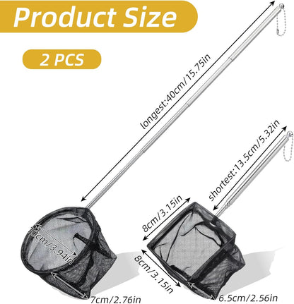 2 Pcs Small Fish Net for Fish Tank, Fishing Tank Net Small with 5-16 Inch Stainless Steel Long Handle Extendable Fine Mesh Aquarium Nets for Fishes Shrimp Pond Creek, 3In 4In