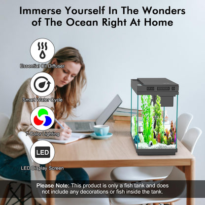 Smart Aquarium Fish Tank with Silent Water Pump, 2.4 Gallon Small Aquarium with Quick Start Kit, Temperature Display, Humidifier and RGB Lights, Perfect for Home, Office, and Decor