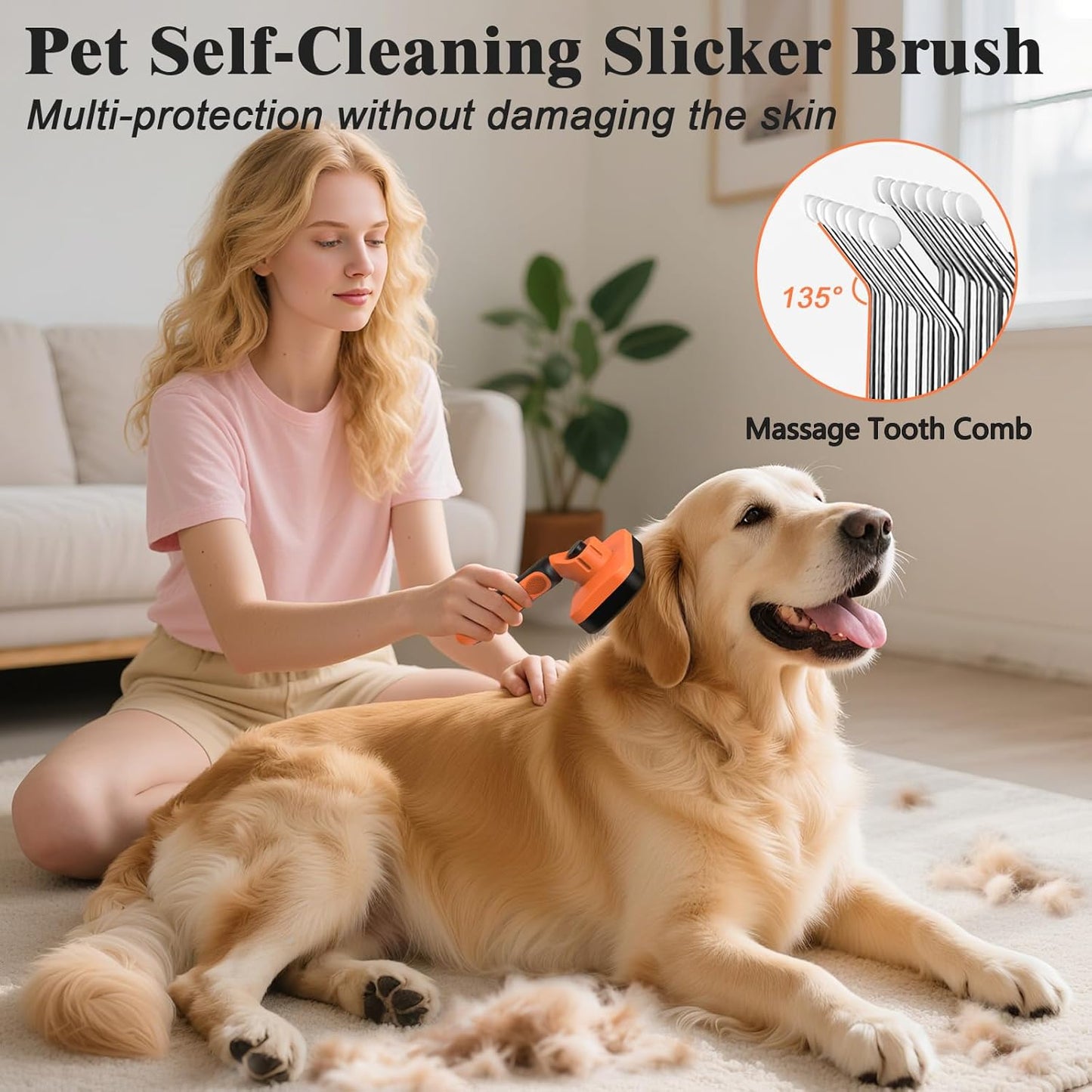 2PCS Self Cleaning Slicker Brush & Dog Comb - Skin Friendly Deshedding Grooming Tool for Dogs, Cats and Small Animals, Professional Deshedding Dematting Tool for Long and Short Haired Pets (Orange)