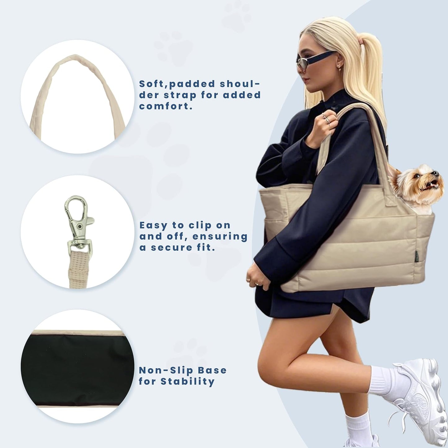 Lightweight Dog Purse Carrier for Small Dogs Under 15 lbs, Puffy Quilted Pet Carrier Tote for Puppies with Safety Leash Clip, Women's Hands-Free Dog Carrier Bag for Travel/Shopping (Brown)