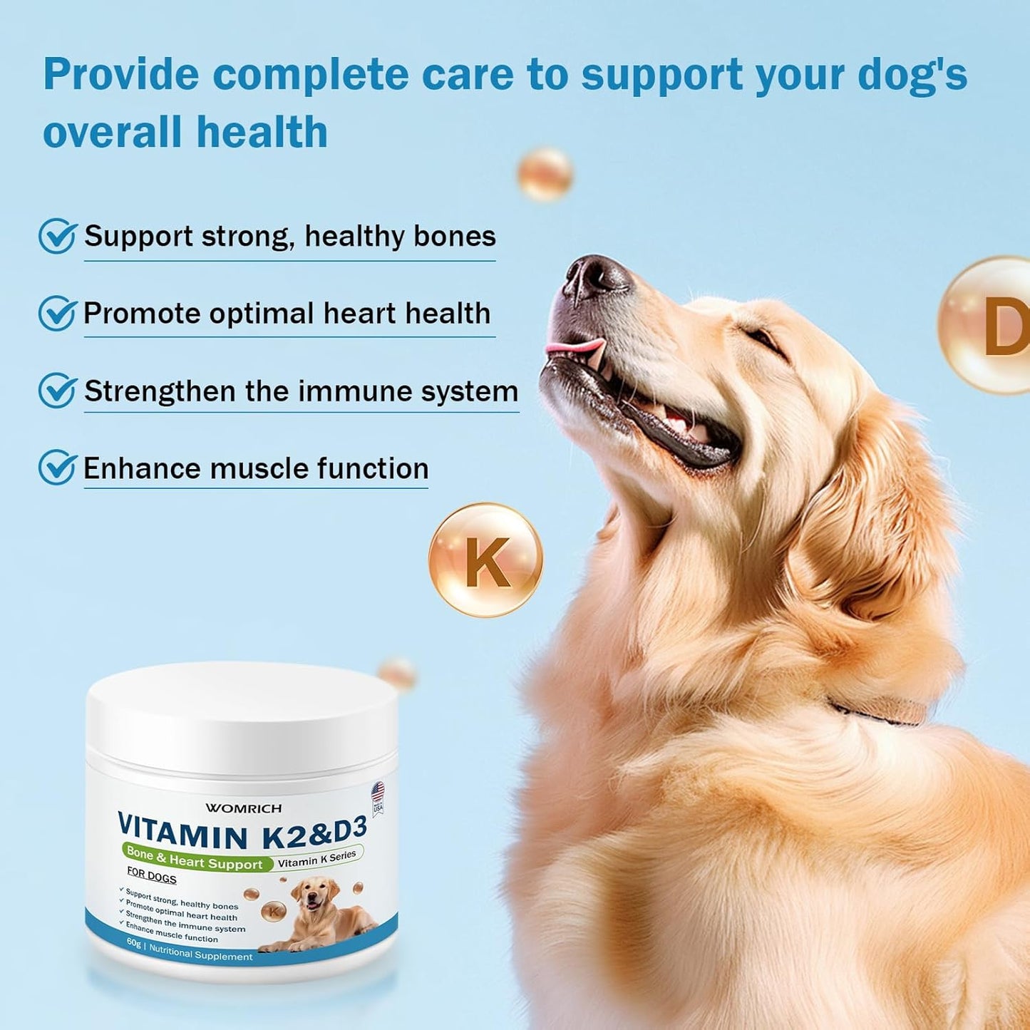 Vitamin K2 & D3 Supplement for Dogs – 60g | Vitamin Complex Supports Strong Bones, Cardiovascular Health, & Immune Function | Vitamins K for Dogs, Vitamins K1 & K2 (MK4 & MK7) + Vitamins D3