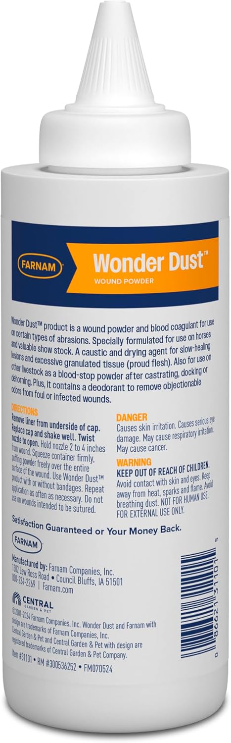 Farnam Wonder Dust Wound Powder, Blood Coagulant for Horses and Show Stock, For Use on Proud Flesh, Granulated Tissue, 4 Ounces