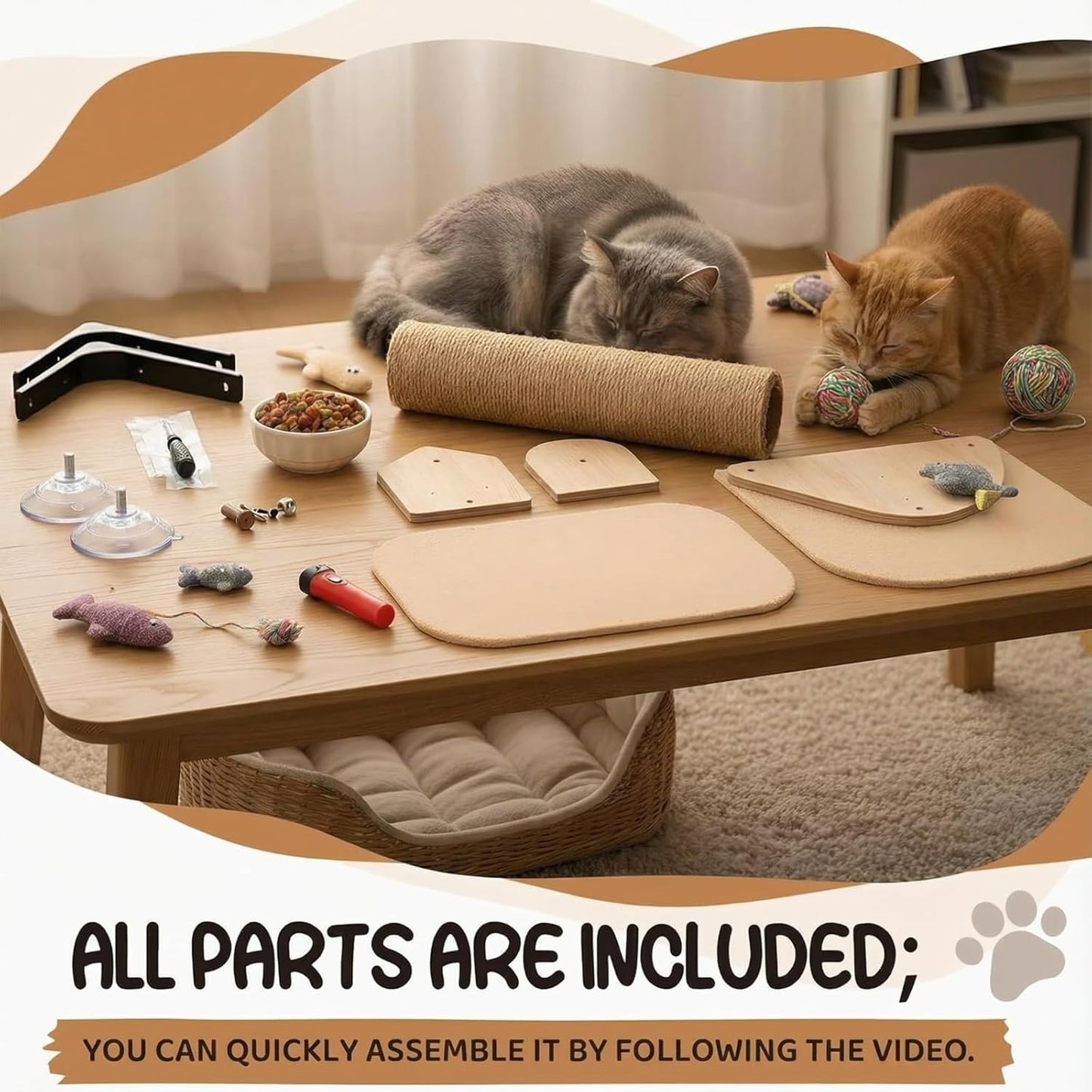 Novabright 3-in-1 20-inch Cat Window Perch Hammock with Climbing Step and Scratching Post, Raw Wooden Window Mounted Cat Bed, Supports 22lbs (Drilling-Free)